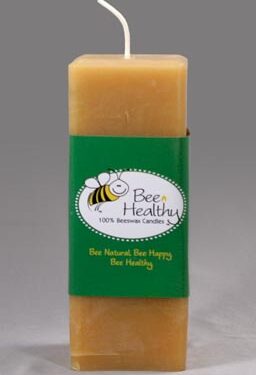 Bee Healthy beeswax candle with bee logo.