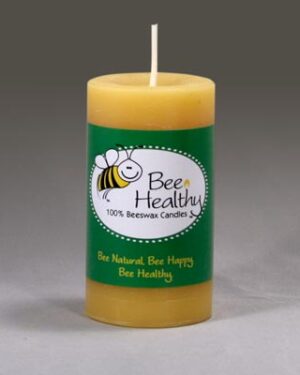 Bee Healthy beeswax candle with bee logo.