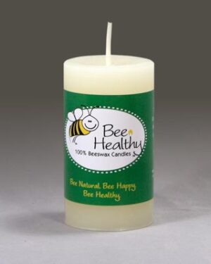 Bee Healthy beeswax candle with bee logo.