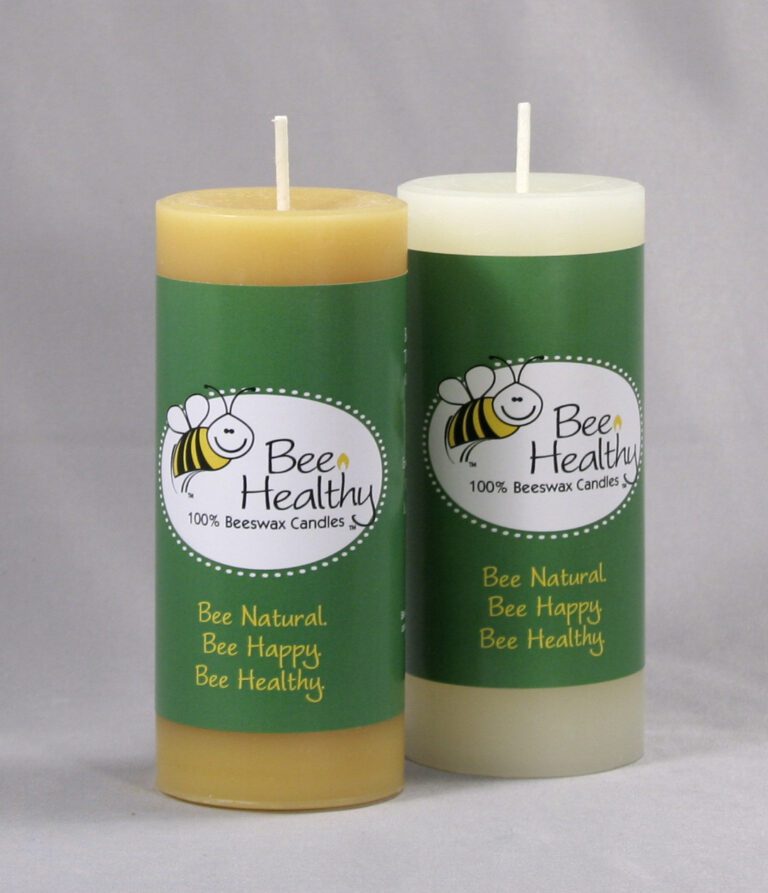 Two beeswax candles with "Bee Healthy" logo.