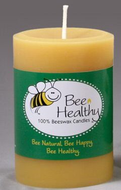 Bee Healthy beeswax candle with bee logo.