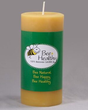 Bee Healthy beeswax candle with bee logo.