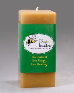 Square beeswax candle with bee logo.