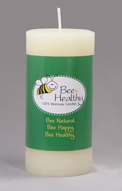 White beeswax candle with a bee logo.