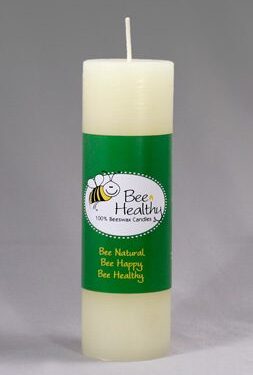 Bee Healthy beeswax candle with a bee logo.