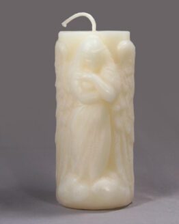 A white Small Pine Cone - White beeswax candle with an angel on it.