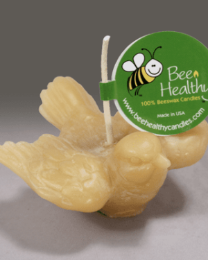 Beeswax bird candle with bee logo.