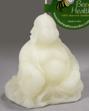 White laughing Buddha beeswax candle.