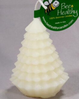 A white Small Pine Cone - White beeswax candle with the word bee healthy on it.