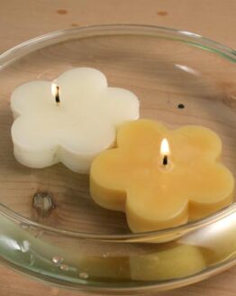 Two Floating Heart - White beeswax candles in a glass bowl.