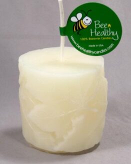 A Small Pine Cone - White beeswax candle with a label that says bee healthy.