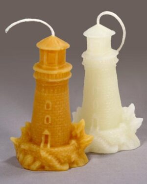 Two lighthouse shaped beeswax candles.