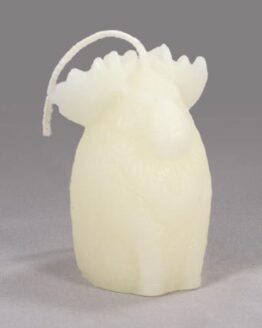 A Small Pine Cone - White beeswax candle with a moose on it.