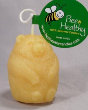 Beeswax bear candle with bee logo.