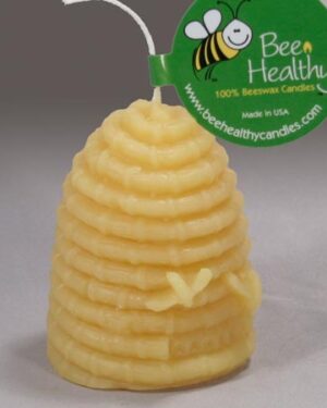 Beeswax honeycomb candle with bee logo.