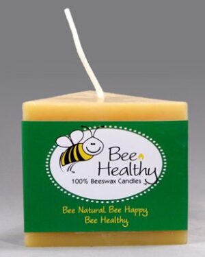 Bee Healthy beeswax candle with bee logo.