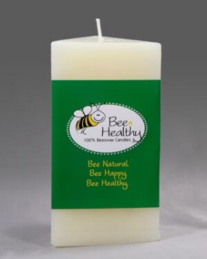 Bee Healthy beeswax candle with a bee logo.