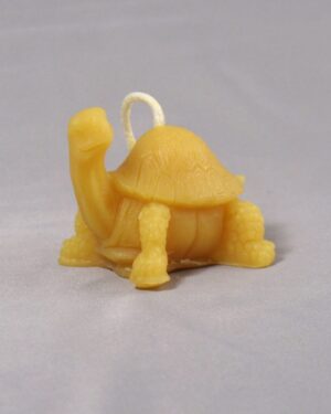 Yellow wax turtle candle with wick.