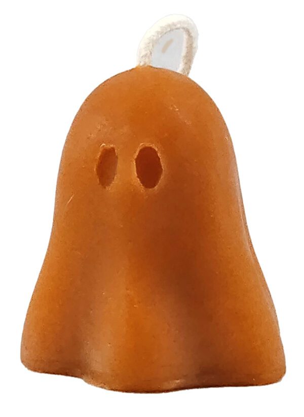 Orange ghost shaped candle with wick.